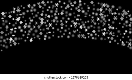 Snowfall, snowflakes in different forms. White cold elements on black background. Snow flakes, snow background. Vector.
