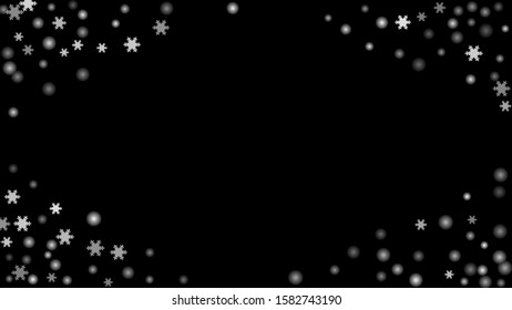 Snowfall, snowflakes in different forms. White cold elements on black background. Snow flakes, snow background. Vector.

