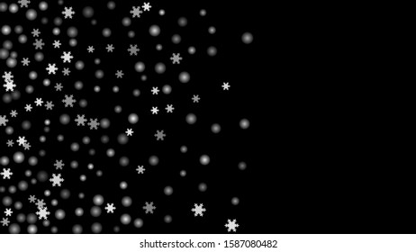 Snowfall, snowflakes in different forms. White cold elements on black background. Snow flakes, snow background. Vector.
