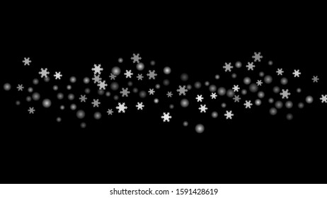 Snowfall, snowflakes in different forms. White cold elements on black background. Snow flakes, snow background. Vector.
