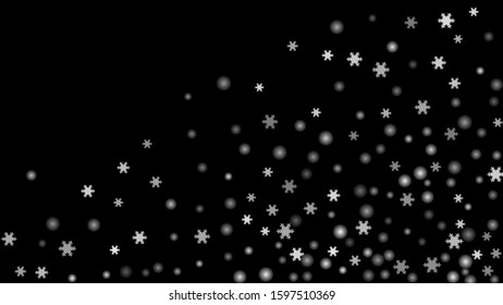 Snowfall, snowflakes in different forms. White cold elements on black background. Snow flakes, snow background. Vector.
