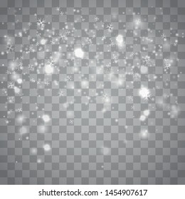 Snowfall, snowflakes in different shapes and forms.  Realistic falling snowflakes. Illustration for Happy New Year Design. Isolated Snowflakes background