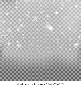 Snowfall, snowflakes in different shapes and forms. Snowflakes, snow background. Christmas snow for the new year. White snow flying on transparent