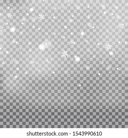 Snowfall, snowflakes in different shapes and forms. Snowflakes, snow background. Christmas snow for the new year. White snow flying on transparent