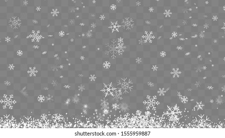 Snowfall, snowflakes in different shapes and forms. Snowflakes, snow background. Christmas snow for the new year.