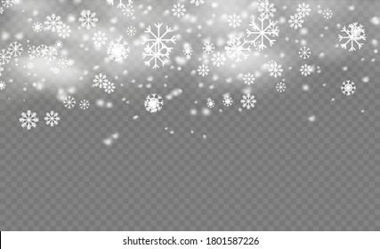 Snowfall, snowflakes in different shapes and forms. Many white cold flakes elements on transparent background. Christmas snow flake pattern. Magic white snowfall texture. Vector illustration.