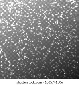 Snowfall, snowflakes in different shapes and forms. Snow flakes, snow background. Falling Christmas Shining transparent beautiful, little snow