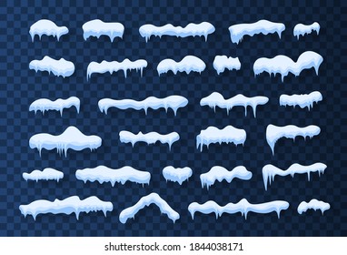 Snowfall with snowflakes. Snow caps, falling snow. Snowdrifts and icicles, ice cap winter decoration. Christmas, New Year frozen ice texture vector illustration. Winter season. Cartoon style. 