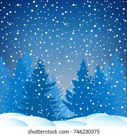 Snowfall in the Spruce Forest, Winter Snowy Night, Holiday Background, Icy Snowstorm, Snowflakes and Snowdrift, Vector illustration 