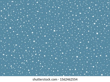 Snowfall texture for flat design. Evenly falling snow. Plain Christmas background. Falling snowflakes on New Year's Eve. Hand Drawn.