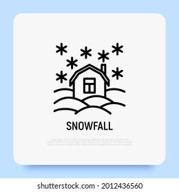 Snowfall thin line icon: house in snowdrifts.  Natural disaster. Winter weather. Vector illustration