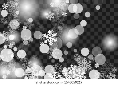 Snowfall transparent decoration texture. Vector background with flying snowflakes and lights.