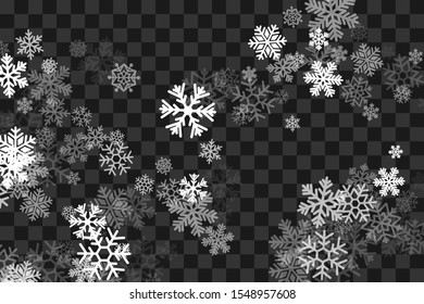 Snowfall transparent decoration texture. Vector background with flying snowflakes and lights.