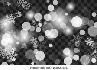 Snowfall transparent decoration texture. Vector background with flying snowflakes and lights.