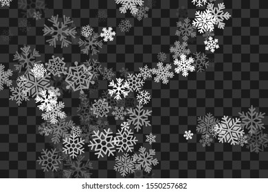 Snowfall transparent decoration texture. Vector background with flying snowflakes and lights.