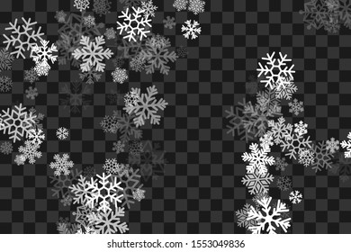 Snowfall transparent decoration texture. Vector background with flying snowflakes and lights.