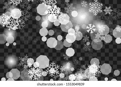 Snowfall transparent decoration texture. Vector background with flying snowflakes and lights.