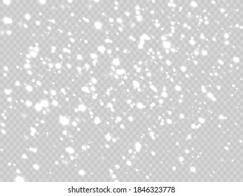 Snowfall with various shapes of snowflakes on transparent background. Christmas falling flying snow, flakes. Snow background
