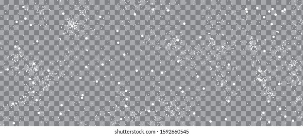 Snowfall vector decoration isolated on transparent background. Snow, snowflakes in different shapes. Frost backdrop. 