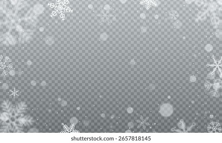 Snowfall vector with shimmering snow flakes and magic overlay in cold sky illustration holiday pattern snowflake vector design transparent effect frost celebration background

