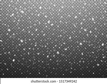 Snowfall, vector snowflakes on transparent background. Realistic falling snowflakes, abstract texture of snow and winter blizzard. Snowy background for winter holidays, Christmas and New Year