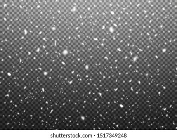 Snowfall, vector snowflakes on transparent background. Realistic falling snowflakes, abstract texture of snow and winter blizzard. Snowy background for winter holidays, Christmas and New Year