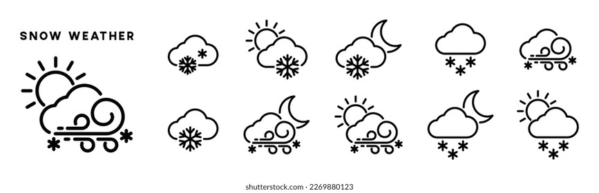 Snowfall weather icon set. Snow weather icons collection. Weather day and night snowing, blizzard symbol in line or outline style for apps and websites, vector illustration