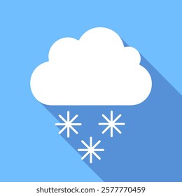 Snowfall weather vector icon with long shadow. White cloud and snowflakes on blue background. 