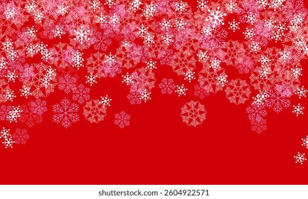 Snowfall of white and pale pink snowflakes on a red background. Vector
