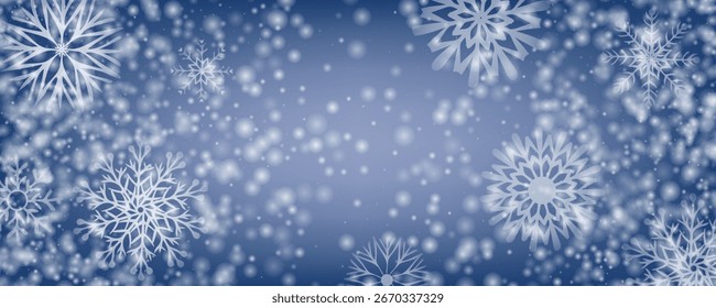 Nevada. Nieve blanca que cae sobre fondo azul profundo. Partículas de hielo de polvo de invierno y copos de nieve. Ventisca. Navidades y año nuevo tema de invierno. Ilustración vectorial festiva para la decoración navideña.