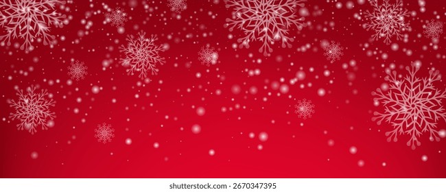 Snowfall. White snow falling on red background. Winter dust ice particles and snowflakes. Blizzard. Christmas and new year winter theme. Festive vector illustration for holiday decoration.