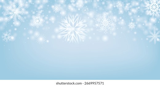 Nevada. Nieve blanca que cae fondo azul azulado blanco. Partículas de hielo de polvo de invierno y copos de nieve. Navidades y año nuevo tema de invierno. Ilustración vectorial festiva para la decoración de vacaciones