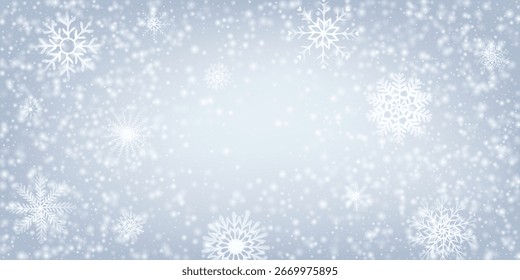 Nevada. Nieve blanca que cae fondo azul azulado blanco. Partículas de hielo de polvo de invierno y copos de nieve. Navidades y año nuevo tema de invierno. Ilustración vectorial festiva para la decoración de vacaciones
