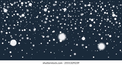 Snowfall of white snowflakes on a dark blue background. Perfect for winter holiday and seasonal design. Vector illustration snow texture