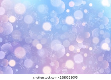 Snowfall winter background with falling flakes and blurred bokeh. Purple and blue cold vector sky with frozen gradient for holiday design. Magic xmas wallpaper