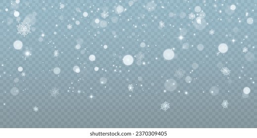 Snowfall winter Christmas background for overlay effect on transparent background. Vector illustration