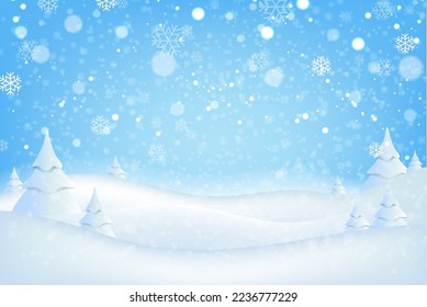 Snowfall With Winter Landscape And Fir Tree With Gradient Mesh, Vector Illustration

