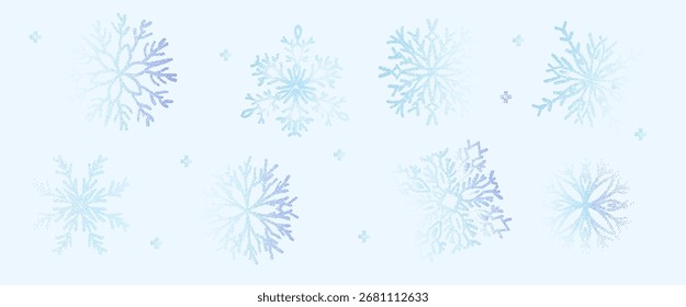 Snowfalls noise gradient background. Winter season grainy gradation snow flakes elements. Christmas celebration airbrush symbols. Vector simple halftone shapes isolated on blue background.
