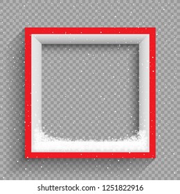 Snowfalls on red and white square frame on gray transparent background. Christmas photo template