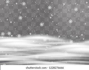 Snowfalls, snowflakes in different shapes and forms. Snowflakes, snow background. Christmas snow for the new year. Mountains of snow piled on the road.