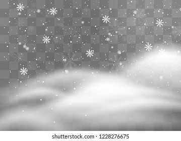 Snowfalls, snowflakes in different shapes and forms. Snowflakes, snow background. Christmas snow for the new year. Mountains of snow piled on the road.