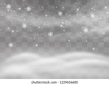 Snowfalls, snowflakes in different shapes and forms. Snowflakes, snow background. Christmas snow for the new year. Mountains of snow piled on the road.