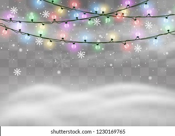 Snowfalls, snowflakes in different shapes and forms. Snowflakes, snow background. Christmas snow for the new year. Christmas lights isolated on transparent background. Xmas glowing garland.