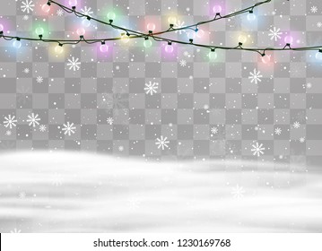 Snowfalls, snowflakes in different shapes and forms. Snowflakes, snow background. Christmas snow for the new year. Christmas lights isolated on transparent background. Xmas glowing garland.