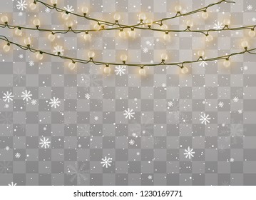 Snowfalls, snowflakes in different shapes and forms. Snowflakes, snow background. Christmas snow for the new year. Christmas lights isolated on transparent background. Xmas glowing garland.