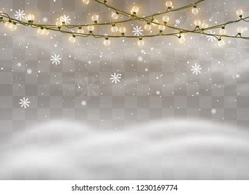 Snowfalls, snowflakes in different shapes and forms. Snowflakes, snow background. Christmas snow for the new year. Christmas lights isolated on transparent background. Xmas glowing garland.
