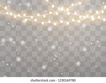 Snowfalls, snowflakes in different shapes and forms. Snowflakes, snow background. Christmas snow for the new year. Christmas lights isolated on transparent background. Xmas glowing garland.