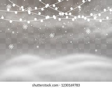 Snowfalls, snowflakes in different shapes and forms. Snowflakes, snow background. Christmas snow for the new year. Christmas lights isolated on transparent background. Xmas glowing garland.