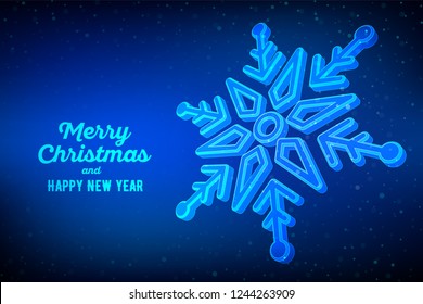 Snowflake. 3d snowflake on blue background. Graphic winter background. Merry Christmas Greetings card. Happy New Year. Winter snowflakes background. Holidays. Vector illustration.