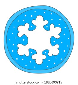 Snowflake against blue sky background with snowflakes. New Year or Christmas decor in the form of a round sticker or a cute Christmas tree toy. Vector illustration isolated on white background.